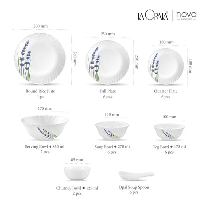 La Opala Novo Collection Opal Glass Crockery | for Family of 6 | Dinner Set 35 pcs English Lavender | Plates & Bowls for Dining | Microwave Safe | 100% Vegetarian | Extra Strong | Light & White
