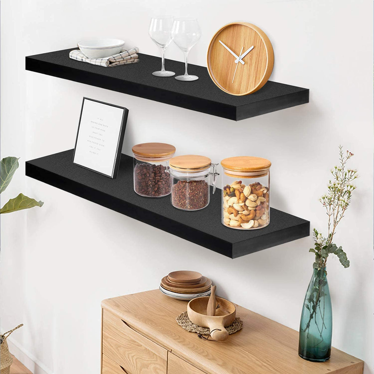 Floating Sheesham Wood Shelves 17 inch Modern Decorative Wall Shelves with Large Storage for Bedroom, Bathroom,