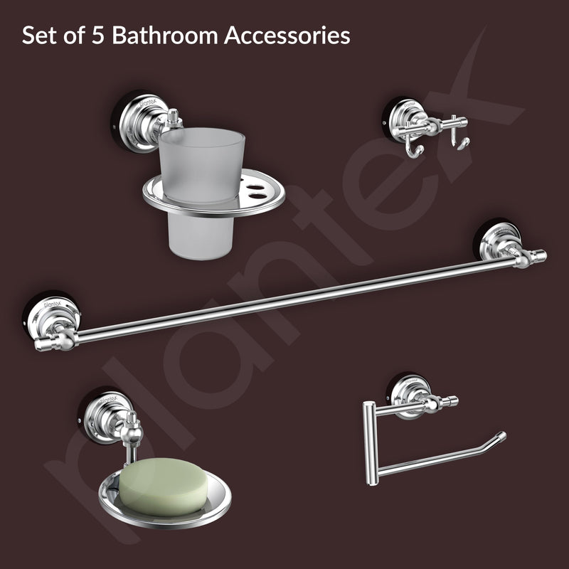 Plantex 304 Grade Stainless Steel Bathroom Accessories Set of 5 - Towel Rod/Hand Napkin Hanger for Wash Basin/Soap Case/Toothbrush Holder/Robe Hook - Skyllo (Chrome)-5