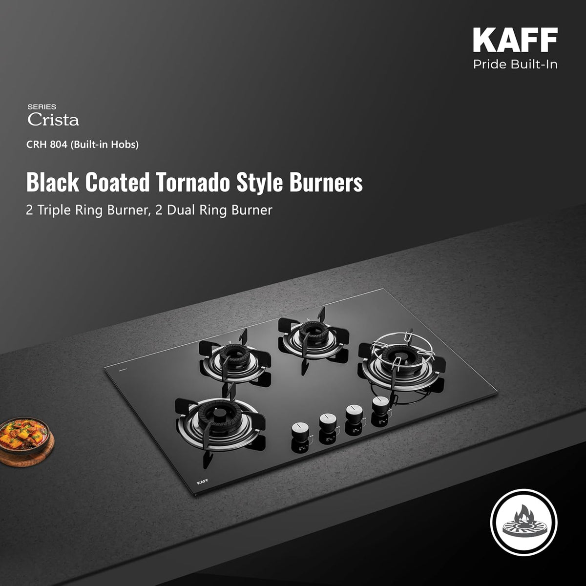 Kaff CRH804 4 Burner Built-in Gas Hob | 80 cm Black Toughened Glass (8mm) | Auto Electric Ignition | Tornado Flame Burne