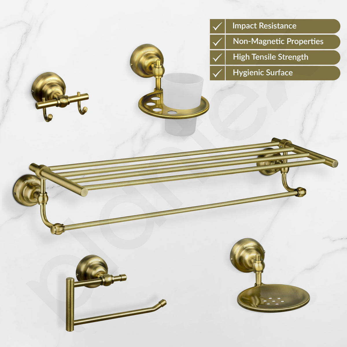 Plantex 304 Grade Stainless Steel Bathroom Accessories Set of 5 - Towel Stand/Napking Holder/Soap Holder/Toothbrush Holder/Robe Hanger - Skyllo (Brass Antique)-2