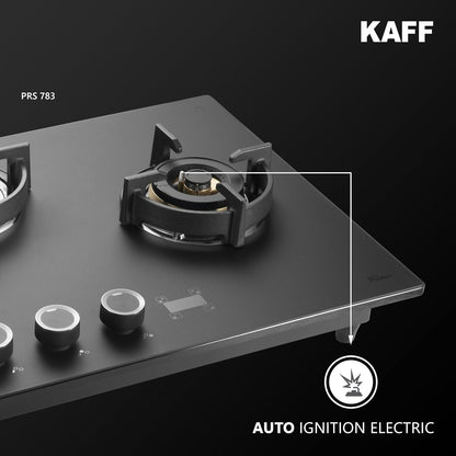 KAFF PRESTON PRS 783 Built-in Hob/Hobtop 3 Burners with Digital Timer, Auto Electric Ignition Glass Top, 78 CM, Full Brass Burners with Flame Failure Device, Metal Knobs (Black)