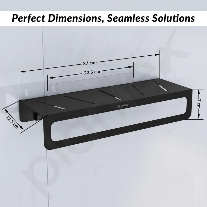 Plantex Alloy Steel No Drill Bathroom Organiser/Self Adhesive Wall Mount Multipurpose Shelf/Rack/Towel Rod/Hooks for Bathroom - Pack of 1 (15 x 5 Inch, Black)-2