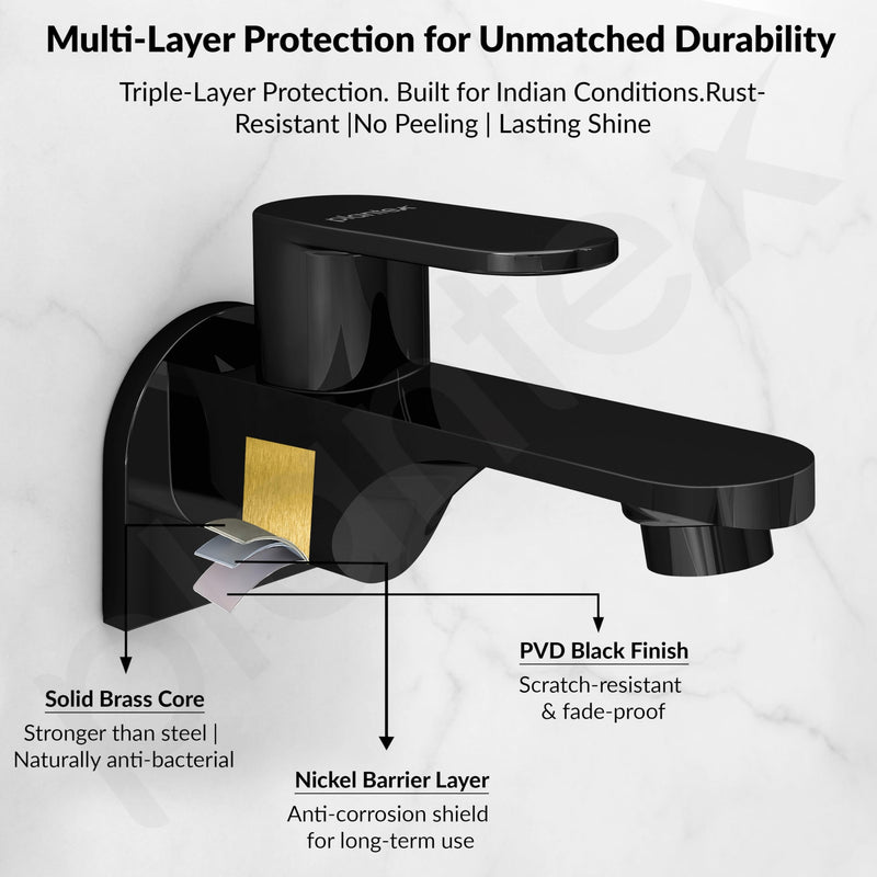 Plantex Pure Brass ORN-202 Long Body Bib Cock for Bathroom with Water Saving Aerator/Wall Mount BibTap with Wall Flange for Bathroom-7 Year Warranty (PVD Black)-5