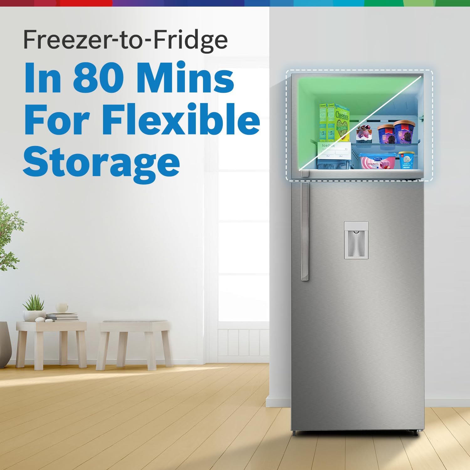 BOSCH Max Convert 368L, 3-Star, Inverter Frost Free Double Door Refrigerator With Water Dispenser (CTC39S03DI, 6-in-1 Convertible, VitaFresh Technology, 2 Cooling System, Shiny Silver)