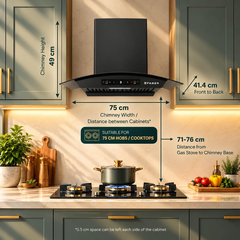 Faber Agile 75cm 1500m³/hr BLDC Autoclean Curved Shape Chimney | Built In Oil Collector | Touch & Gesture Control | 8Yr 
