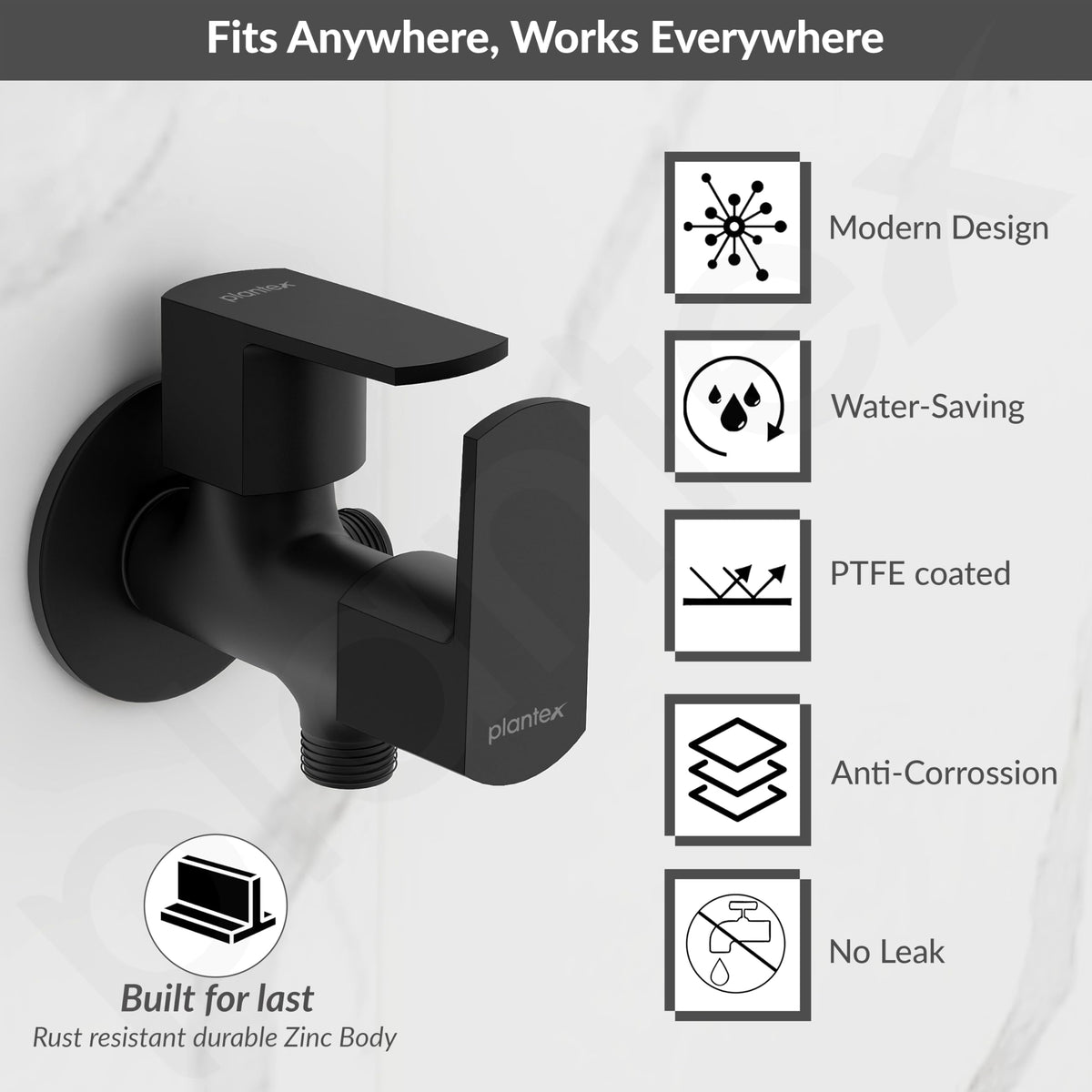 Plantex Angle Valve 2 in 1 with Brass Spindle/Two Way Angle Cock Tap with Wall Flange & Teflon Tape/Anglular Tap for Bathroom- Pack of 1 (Saga, Black)-2