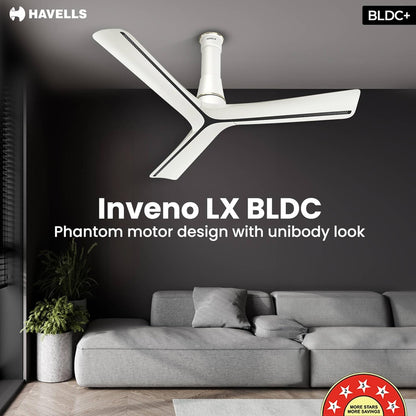 Havells Inveno LX 1200 mm BLDC Ceiling Fan|ABS Aerodyanamic Blades|Telescopic Canopy|Timer,Breeze,Sleep,MOP Modes|Reverse Feature|100% Copper Motor|Free Installation|2 Year Warranty(Matt Pearl White)