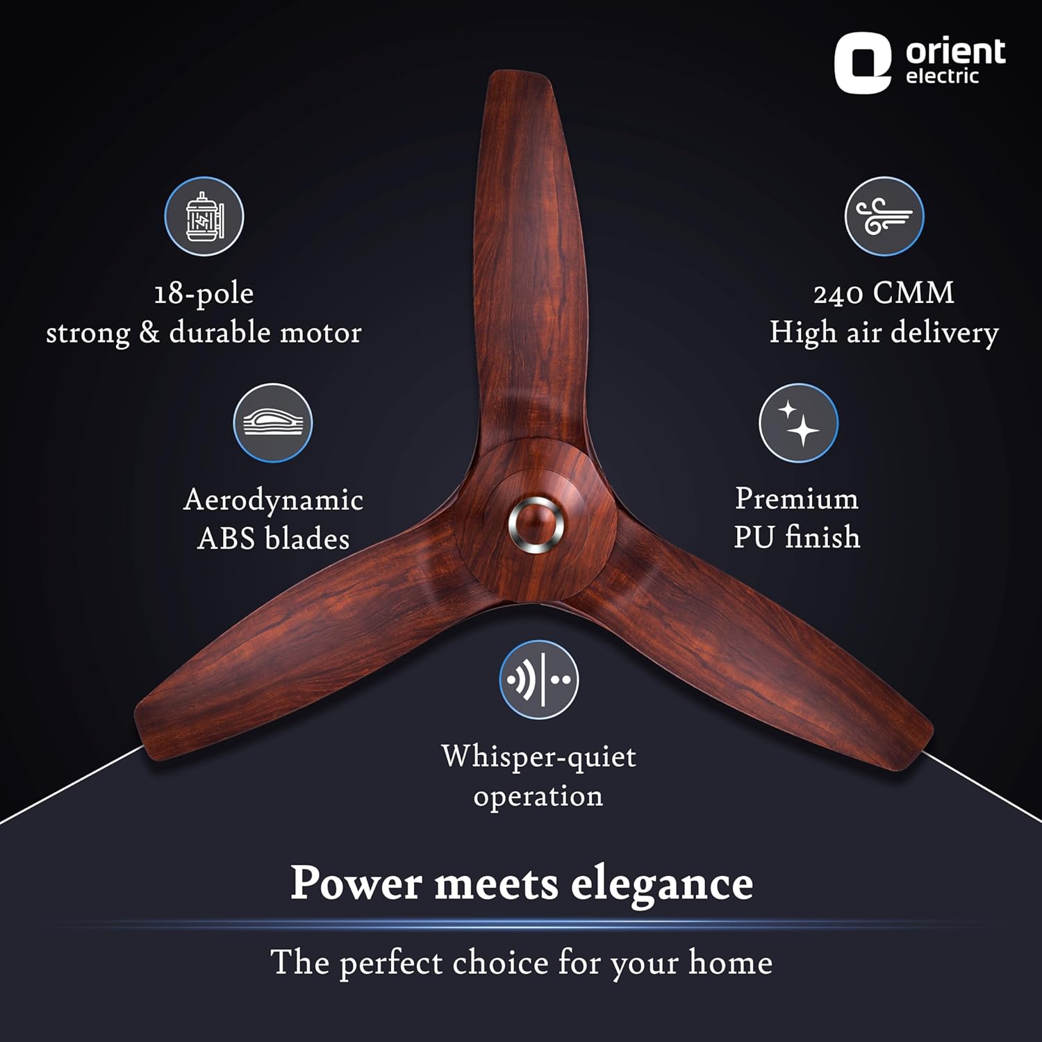 Orient Electric’s 1230 mm Aeroquiet ceiling fan| Best-in-class 18-pole motor| BEE 2 Star Rated Energy Efficient Fan | 100% Copper motor |Whisper-quiet operation | 2-year warranty | Wooden finish
