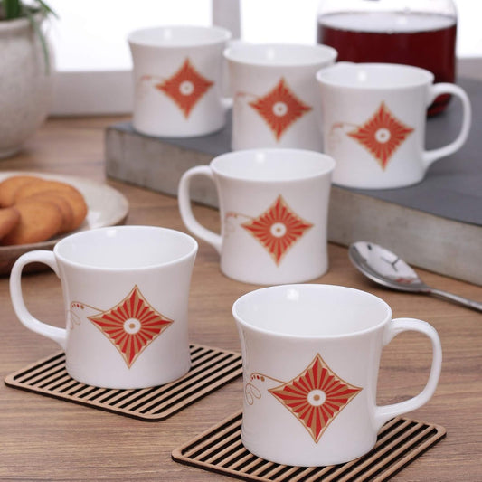 Clay Craft Multicolor Tea/Coffee Cup/Mugs (Set of 6), Ceramic Tea Cups, Tea Cup Set of 6, Mugs for Coffee, Cups Set of 6, Mug Set, Gift Set, Ideal for Gifting (Sunburst Kite Print Gold Line)