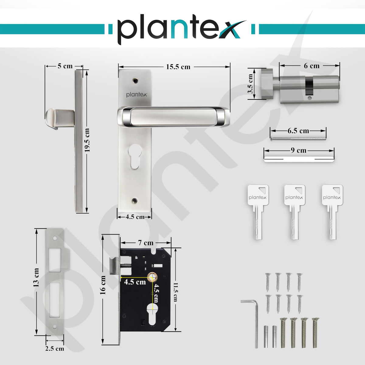 Plantex Heavy-Duty Door Lock Set - Main Door Lock Handle Set/Mortise Lock with 3 Keys, Brass Lock Body & Cylinder (8127 - Satin White & Chrome)-3