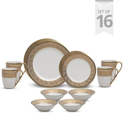 Clay Craft Fine Ceramic Ebony Dinner Set, Enchanting Gold, for Family of 4, Dinner Set Ceramic, Crockery Set, Dining Set for Dinner, Crockery Set for Gift, Kitchen Set (16 Pieces, E646)