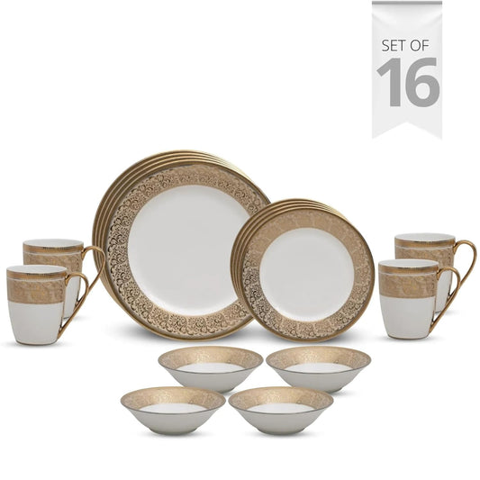 Clay Craft Fine Ceramic Ebony Dinner Set, Enchanting Gold, for Family of 4, Dinner Set Ceramic, Crockery Set, Dining Set for Dinner, Crockery Set for Gift, Kitchen Set (16 Pieces, E646)