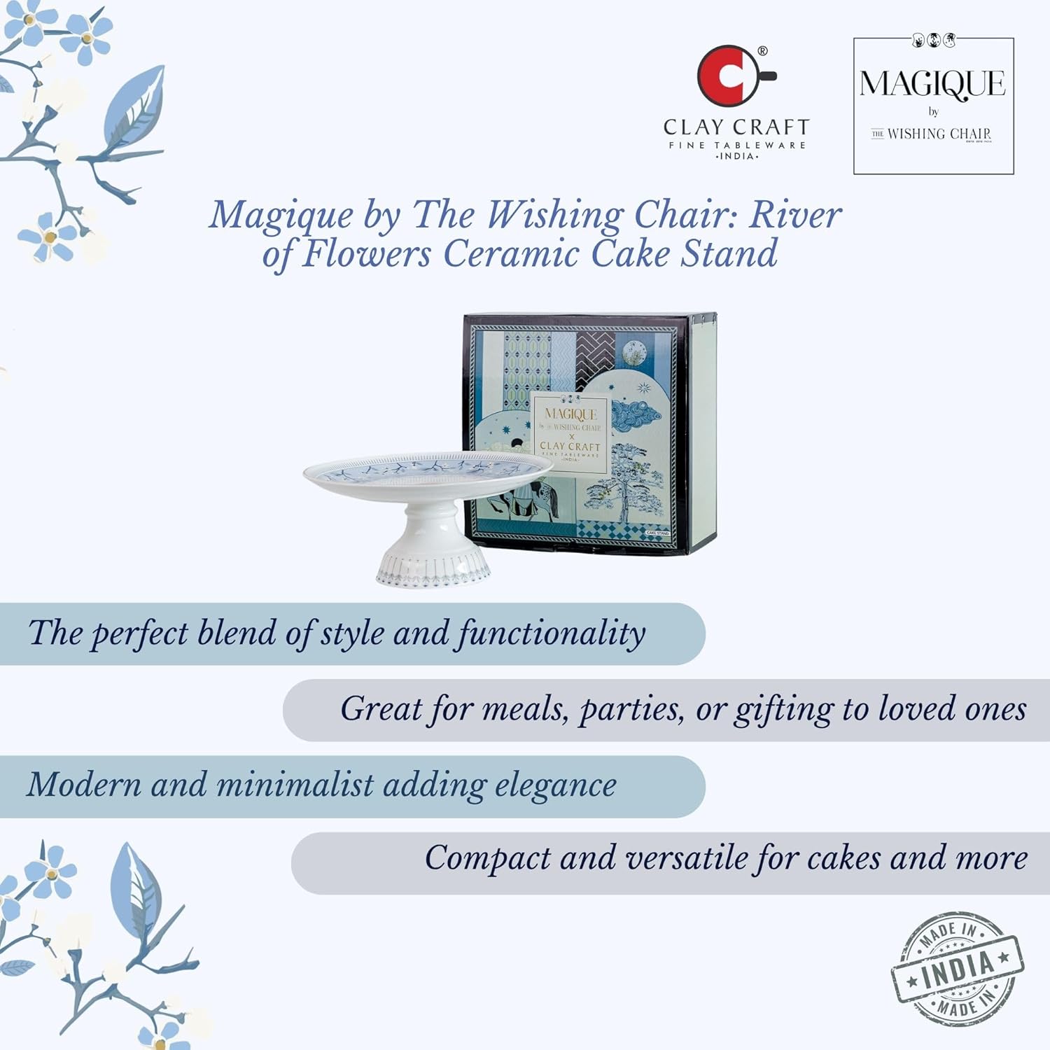Magique by The Wishing Chair x ClayCraft : River of Flowers Ceramic Cake Stand - 10-Inch | Elegant Pedestal for Desserts and Pastries | Perfect for Cakes, Cupcakes, Tarts, and Pastries