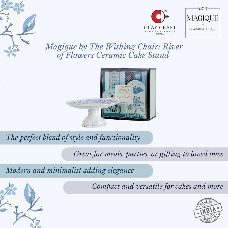 Magique by The Wishing Chair x ClayCraft : River of Flowers Ceramic Cake Stand - 10-Inch | Elegant Pedestal for Desserts and Pastries | Perfect for Cakes, Cupcakes, Tarts, and Pastries