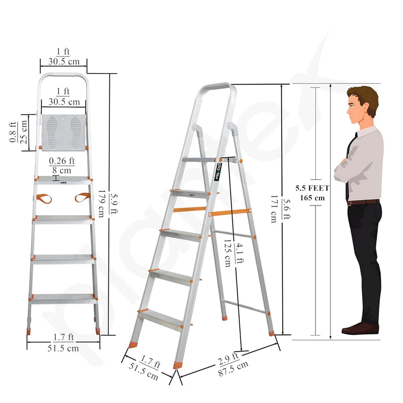 Plantex Restructured Legend Aluminium Folding 5 Step Ladder for Home - 5 Wide Step Ladder (Orange-Chrome)