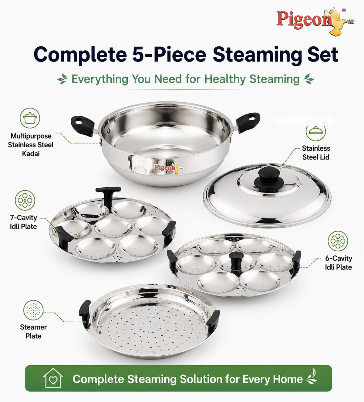 Pigeon Stainless Steel Regal Multi Kadai with 2 Idli Plates(13 Idlies),1 Steamer Plate| Momo Maker|Multi Pot|Steaming Se