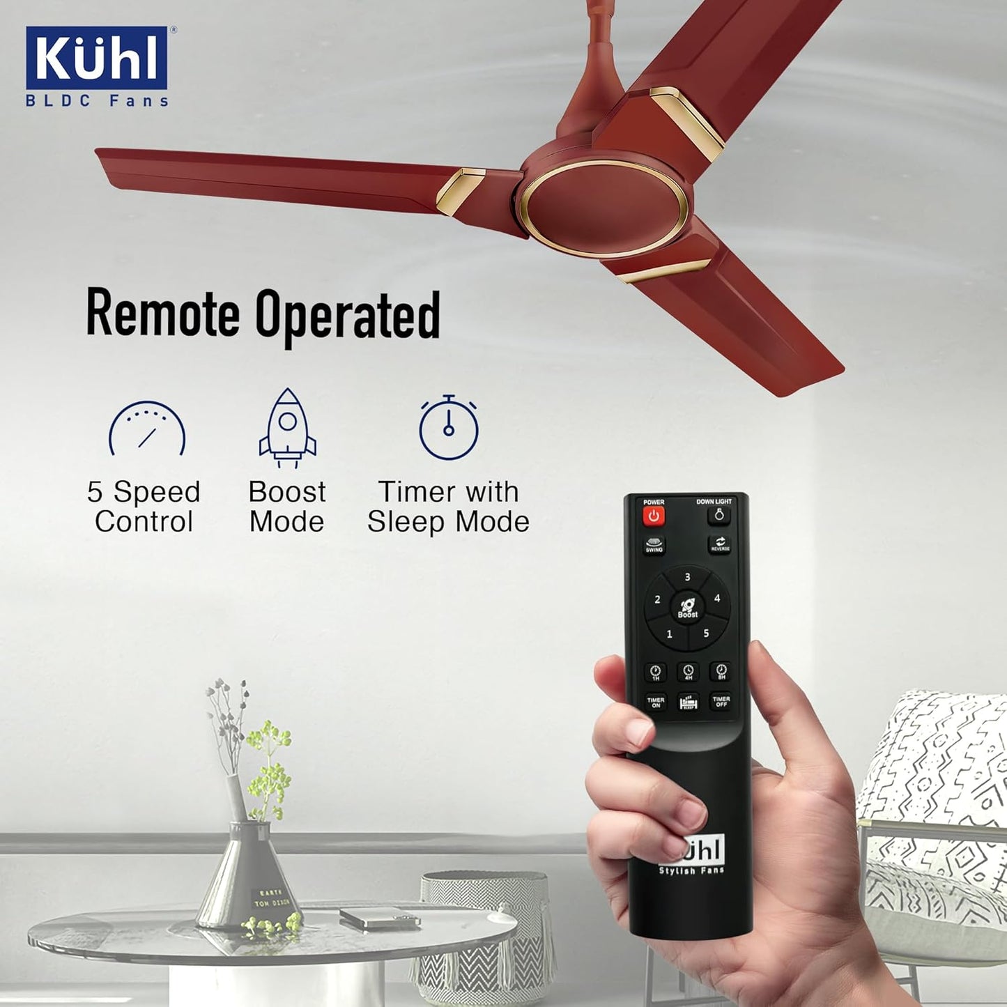 KUHL Prima A3 1200mm BLDC Ceiling Fan with Remote | INR 300 Off on Exchange | 5- Rated | High Airflow | Saves up to 65% Electricity | 5-Year Warranty | Brown