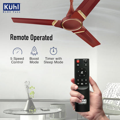 KUHL Prima A3 1200mm BLDC Ceiling Fan with Remote | INR 300 Off on Exchange | 5- Rated | High Airflow | Saves up to 65% Electricity | 5-Year Warranty | Brown