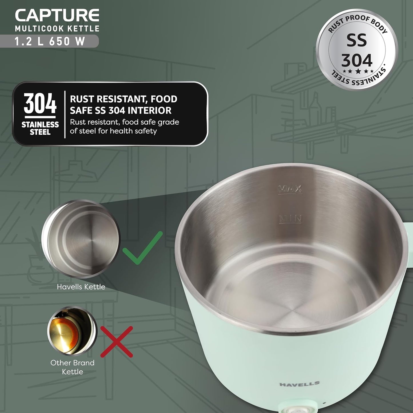 Havells Capture 1.2 L Multi-Cook Electric Kettle with Steamer | 650W |304 Stainless Steel Inner Body|Cooks Noodles, Rice, Milk | Cool-Touch Body | 2-Year Warranty (Green)