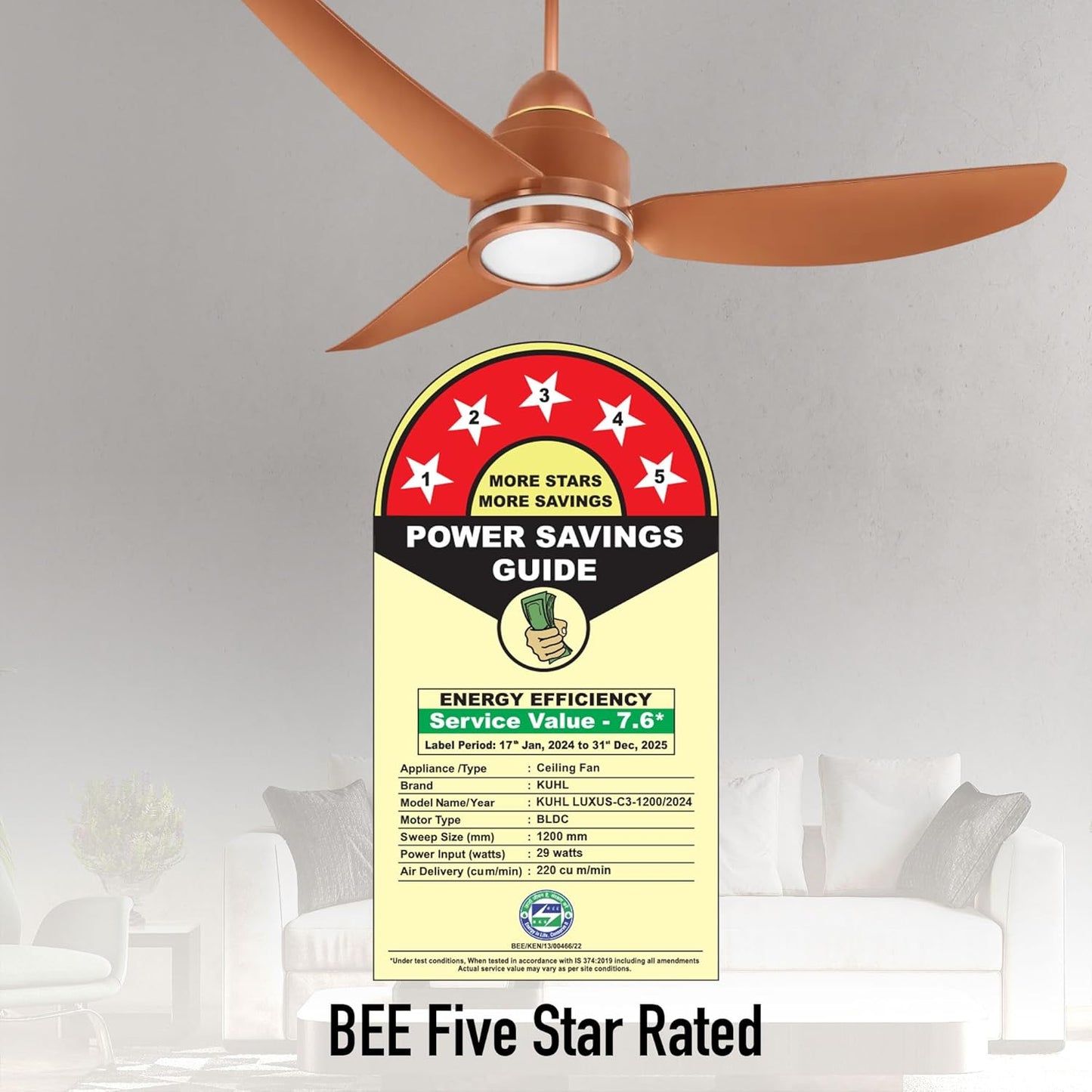 KUHL Luxus C3 1200mm Stylish 65% Power Saving BLDC Ceiling Fan with Remote | Night & Down Light |29W| BEE 5 Star | Low Noise | IoT Operate via Mobile & Alexa | Reverse Mode | Free Installation|Copper