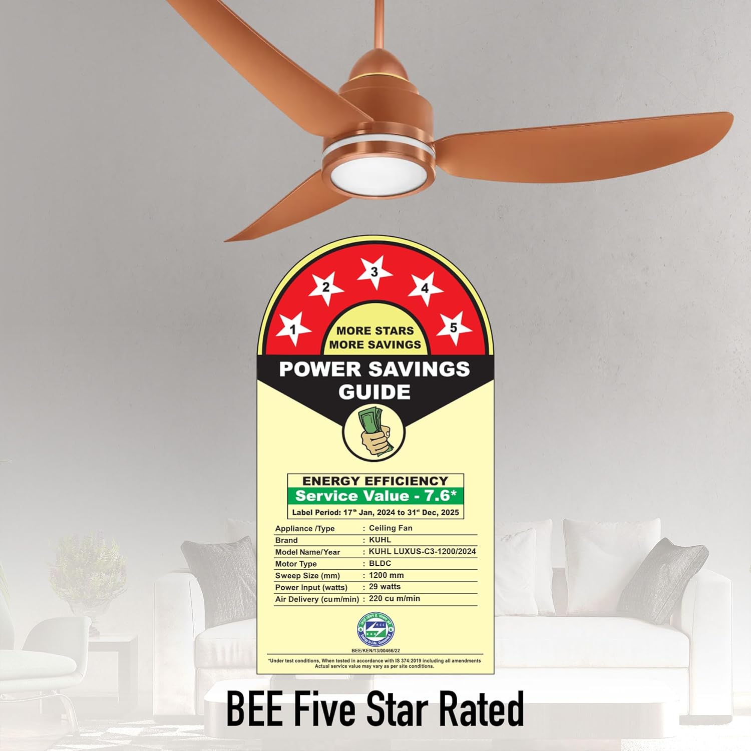KUHL Luxus C3 1200mm Stylish 65% Power Saving BLDC Ceiling Fan with Remote | Night & Down Light |29W| BEE 5 Star | Low Noise | IoT Operate via Mobile & Alexa | Reverse Mode | Free Installation|Copper