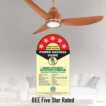 KUHL Luxus C3 1200mm Stylish 65% Power Saving BLDC Ceiling Fan with Remote | Night & Down Light |29W| BEE 5 Star | Low Noise | IoT Operate via Mobile & Alexa | Reverse Mode | Free Installation|Copper