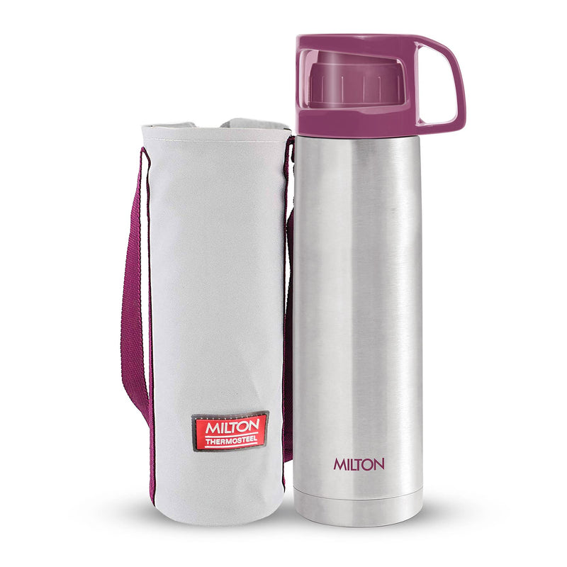 Milton Glassy 500 Thermosteel Vacuum Insulated Double Walled Flask with Drinking Cup lid & Jacket, 500 ml Water Bottles, 24 Hours Hot & Cold, Easy to Carry,Rust Proof, Tea, Coffee, Travel Bottle, Grey
