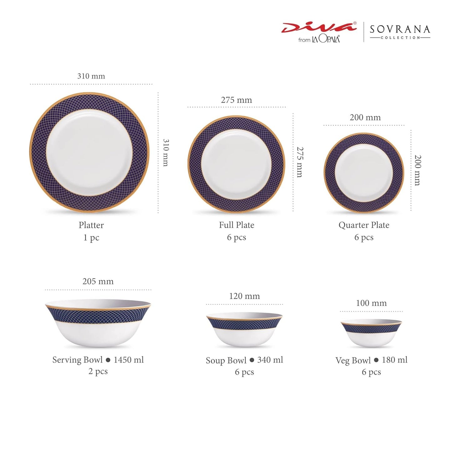 La Opala Diva Sovrana Collection Opal Glass Crockery | for Family of 6 | Dinner Set 27 pcs Regent Blue | Plates & Bowls for Dining | Microwave Safe | 100% Vegetarian | Extra Strong | Light & White