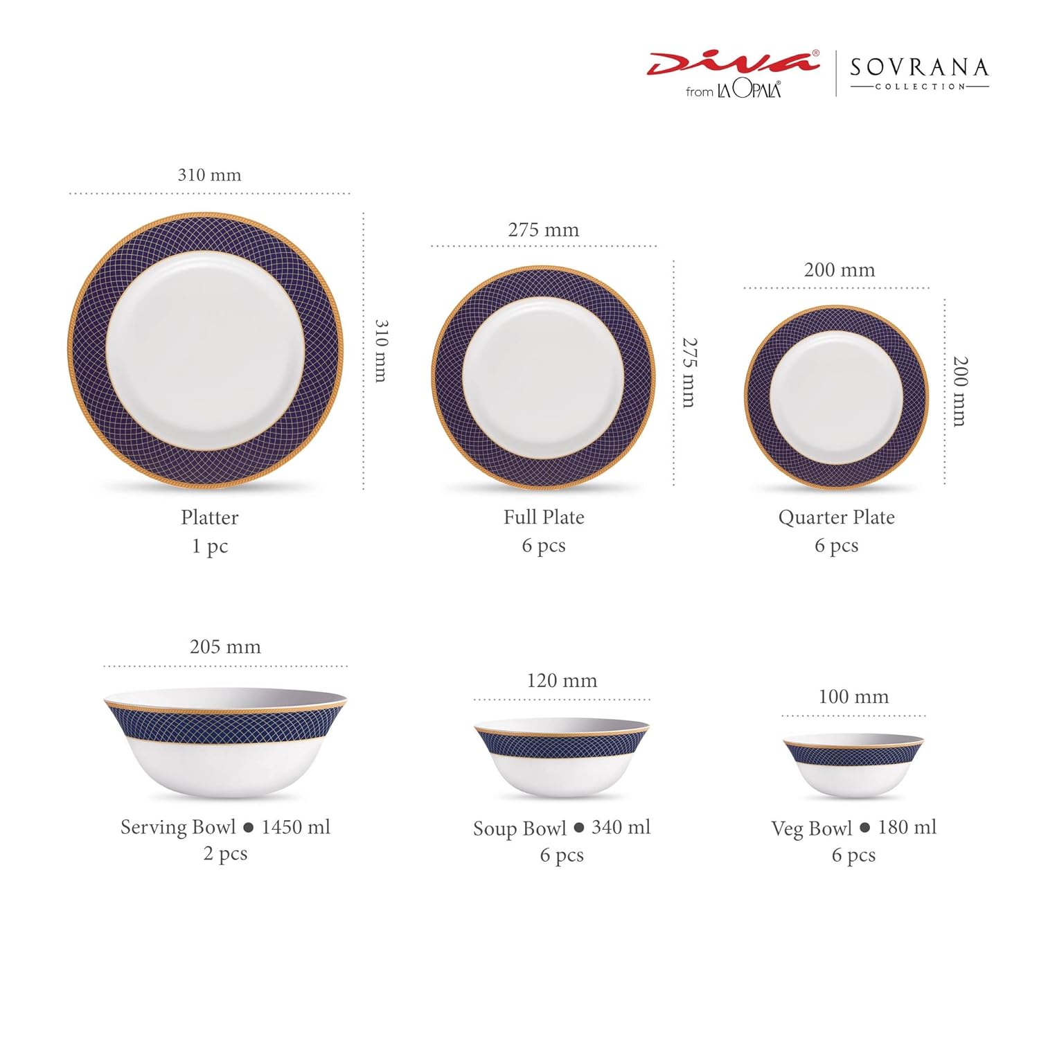 La Opala Diva Sovrana Collection Opal Glass Crockery | for Family of 6 | Dinner Set 27 pcs Regent Blue | Plates & Bowls for Dining | Microwave Safe | 100% Vegetarian | Extra Strong | Light & White