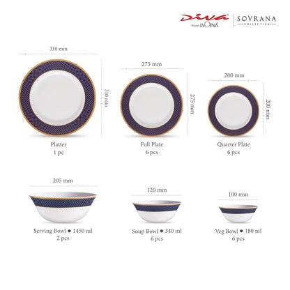 La Opala Diva Sovrana Collection Opal Glass Crockery | for Family of 6 | Dinner Set 27 pcs Regent Blue | Plates & Bowls for Dining | Microwave Safe | 100% Vegetarian | Extra Strong | Light & White