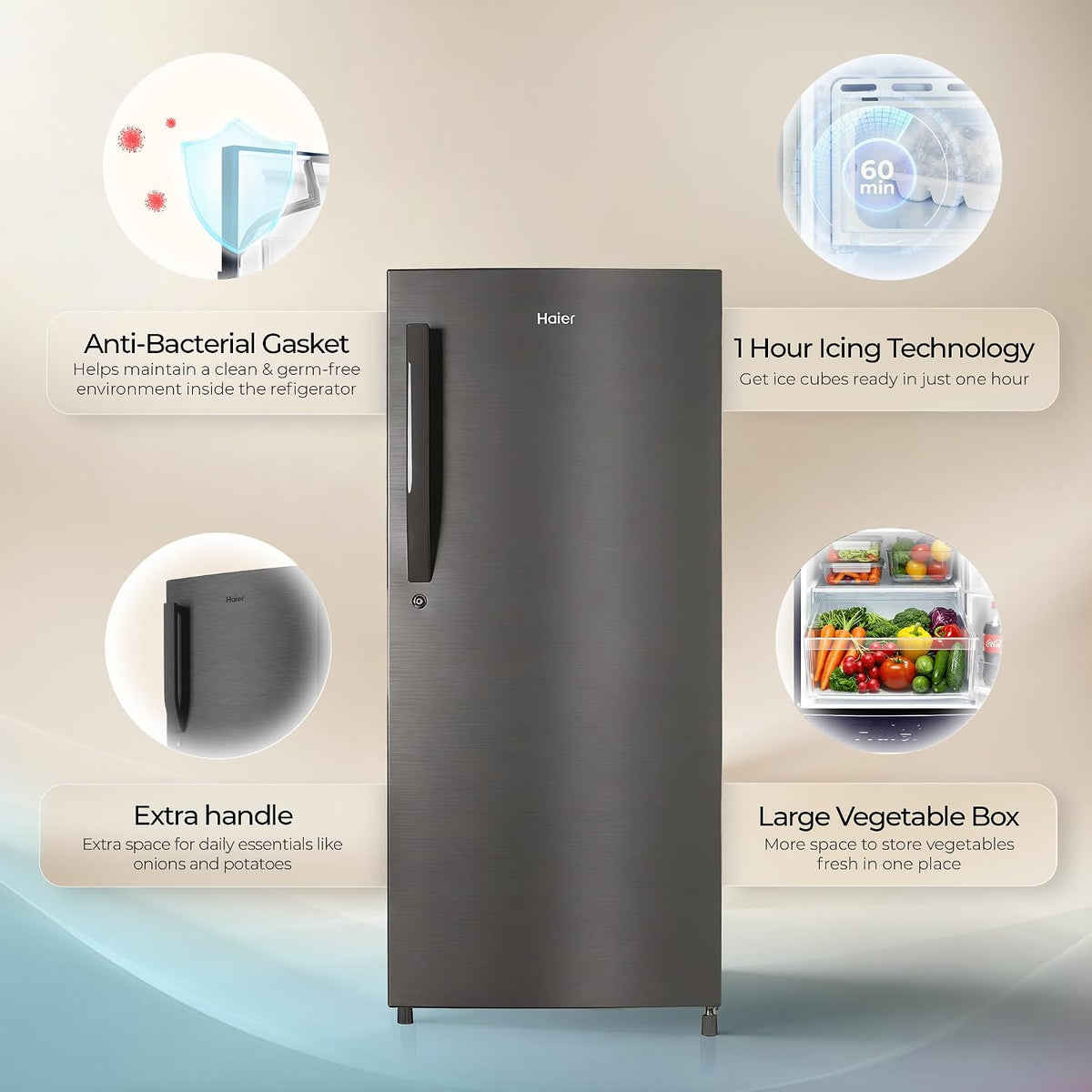 Haier 190 L 5 Star Direct Cool Inverter Single Door Refrigerator with Fast Ice Making, Easy Clean Back, Large Vegetable Box (HED-205DSA-P, Dazzle)-2