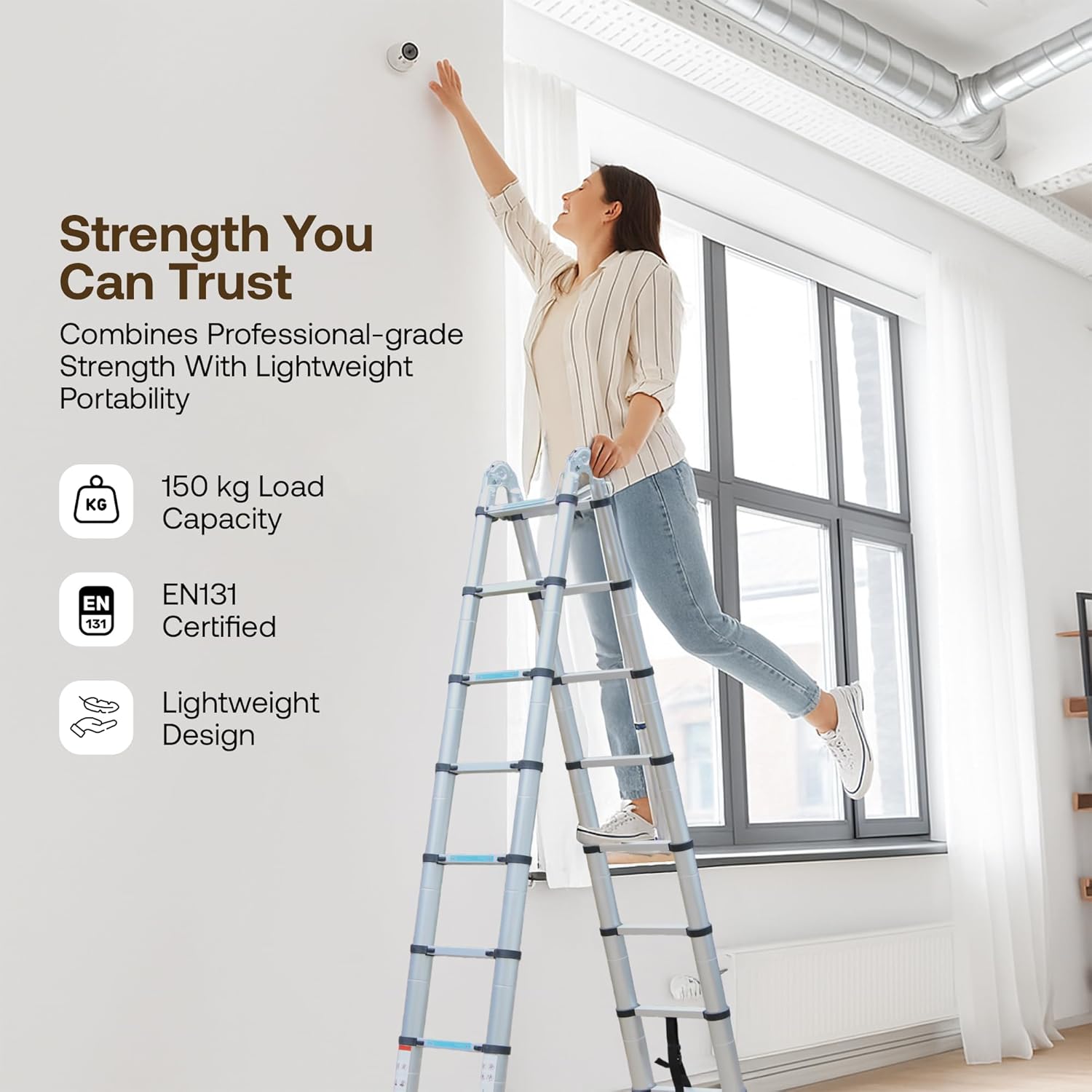 Bonkaso A-Shaped Telescopic Ladder 5 m (16.5 Ft), Premium Aluminum Alloy Folding Extension Ladder, EN131 Certified, 150kg Load Capacity, Anti-Slip Feet, Compact & Portable for Home and Outdoor Use
