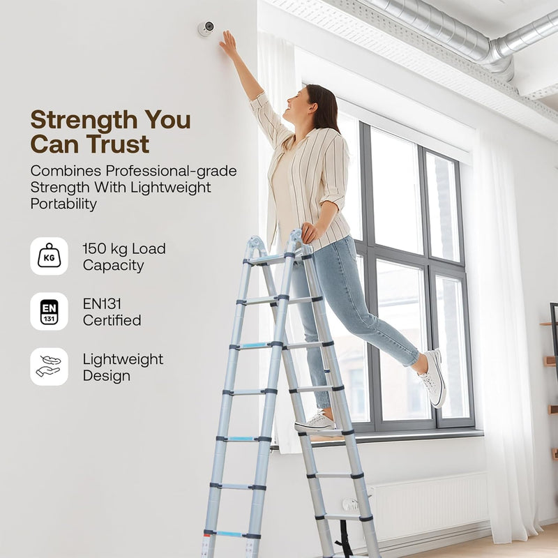 Bonkaso A-Shaped Telescopic Ladder 5 m (16.5 Ft), Premium Aluminum Alloy Folding Extension Ladder, EN131 Certified, 150kg Load Capacity, Anti-Slip Feet, Compact & Portable for Home and Outdoor Use