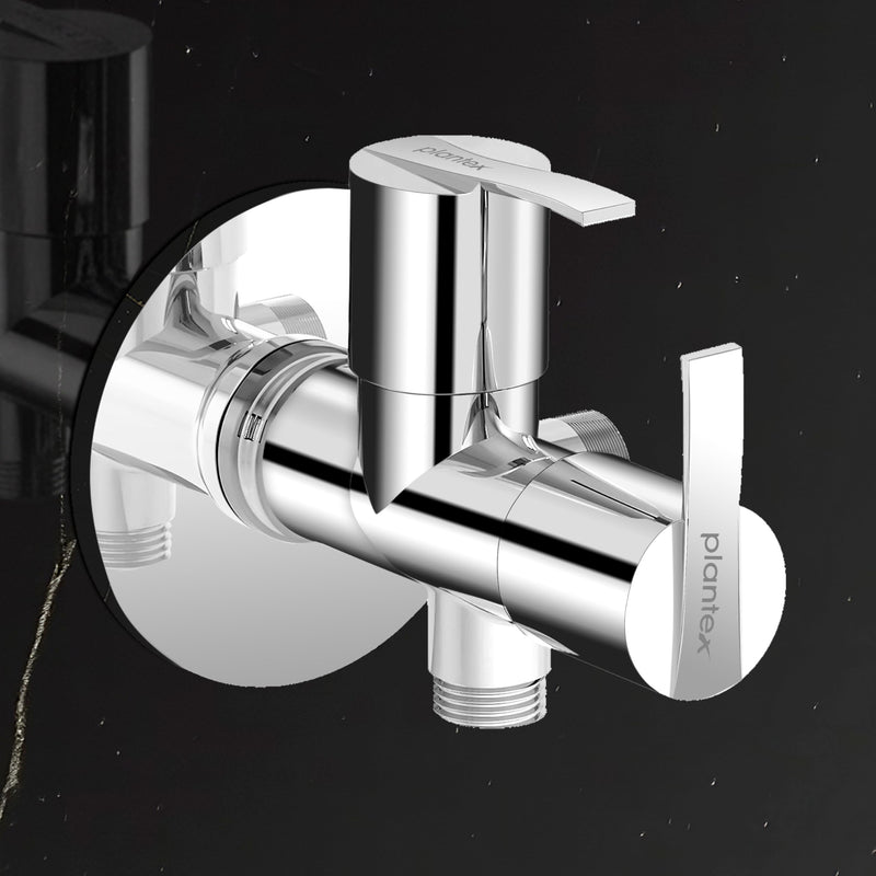 Plantex AQ-1408 Pure Brass 2-Way Angle Valve Tap/Angle Cock for Bathroom/Stop Cock With Brass Wall Flange & Teflon Tape (Mirror-Chrome Finish)-1