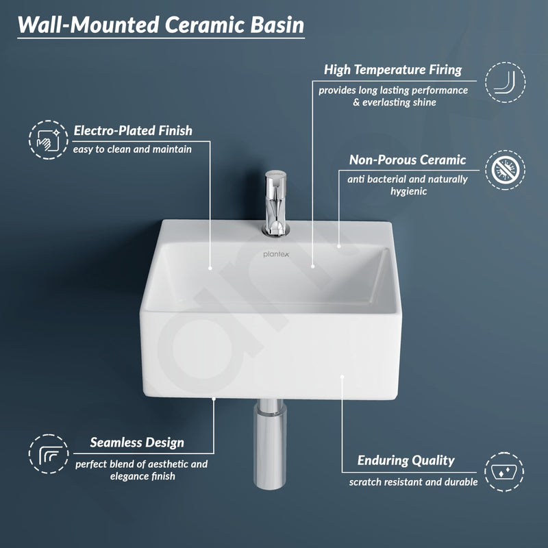 Plantex Ceramic Basin with Stainless Steel Pillar Cock/Wall Hung Basin/Deck Mount Tap/Basin for Bathroom - (Cuba - Combo)-3
