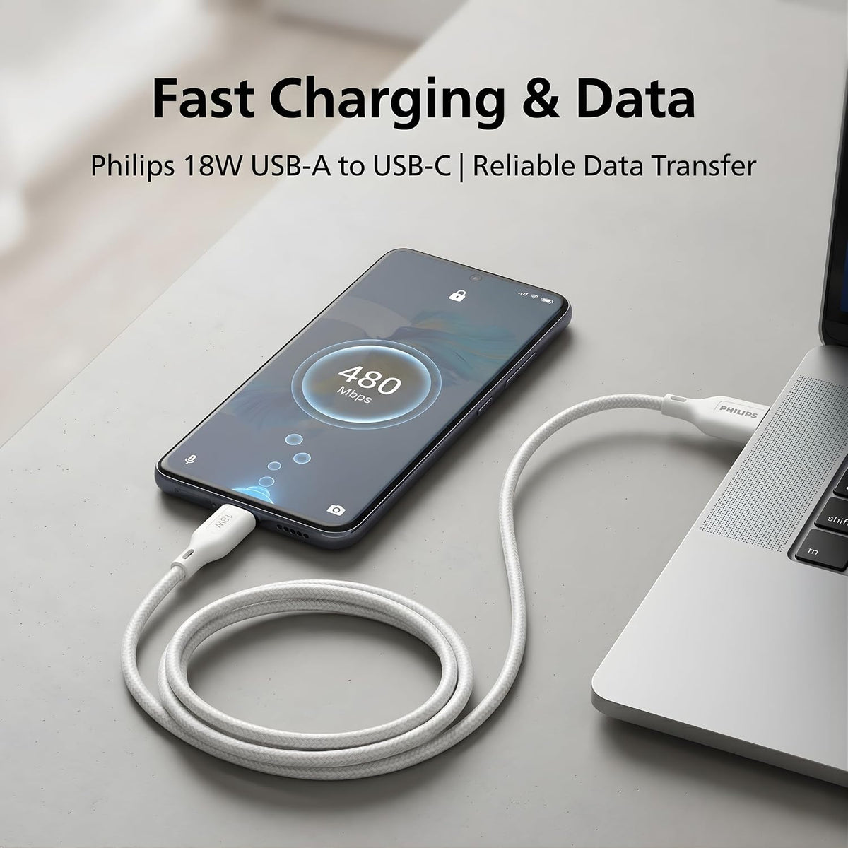 Philips DLC4150AW/94 18W Type-A to Type-C Fast Charging Cable (1.5m, Bright White)