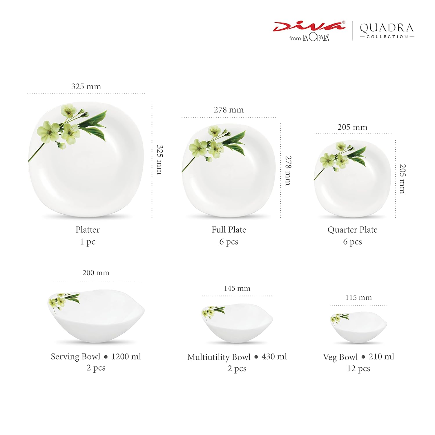 Diva by La Opala, Quadra Collection, Opal Glass Dinner Set 29 pcs, Snowdrop, White