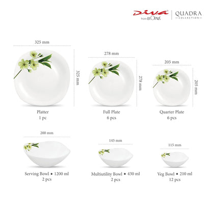 Diva by La Opala, Quadra Collection, Opal Glass Dinner Set 29 pcs, Snowdrop, White
