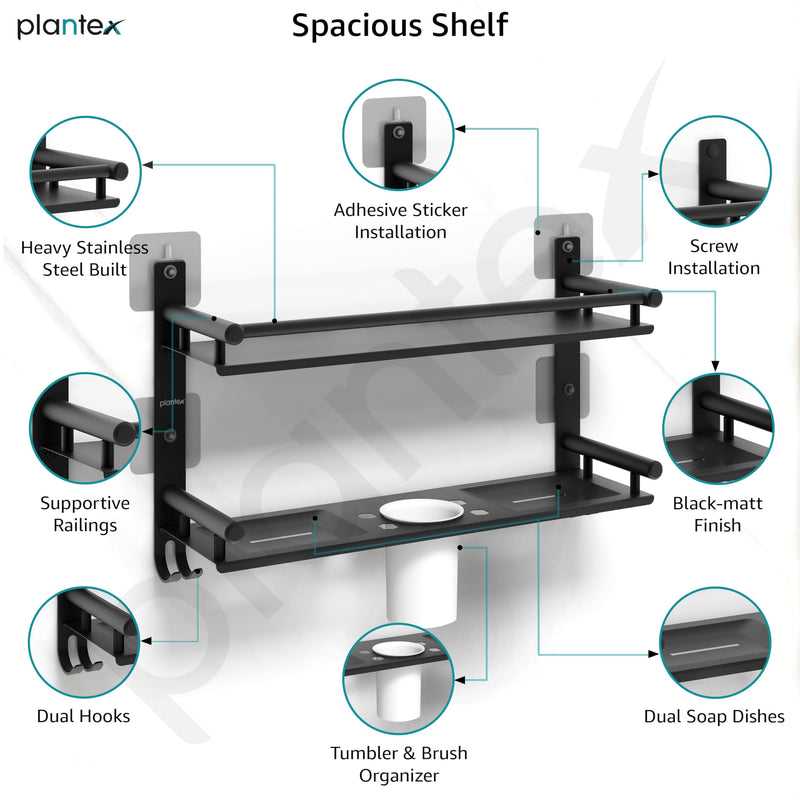 Plantex 5in1 Bathroom Organiser Without Drill/Stainless Steel Bathroom Shelf/Rack with Steel Soap Stand for Wall/Tumbler/Brush Holder/Bathroom Fittings Accessories Set (Black)-4