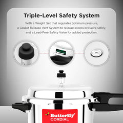 Butterfly Cordial 2L, 3L & 5L SS Pressure Cooker Combo | Stainless Steel | Induction & Gas Stove Compatible| ISI Certified| Triple Safety System| Silver