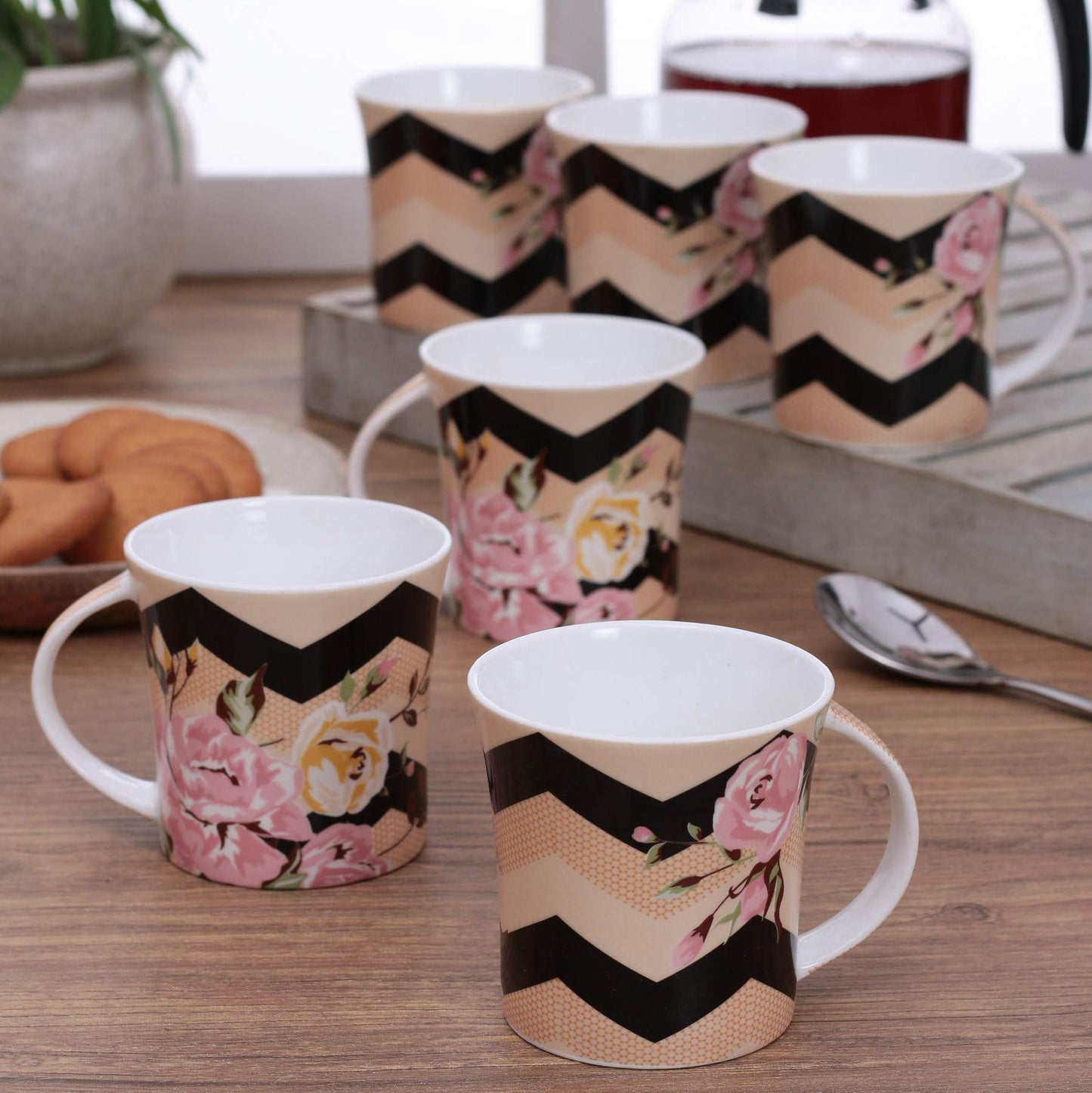 Clay Craft Fine Ceramic Printed Coffee/Tea Cups Set of 6-200 ml Each, Tea Cup Set of 6, Microwave & Dishwasher Safe, Mugs for Coffee, Cups Set of 6, Mug Set, Gift Set, Ideal for Gifting