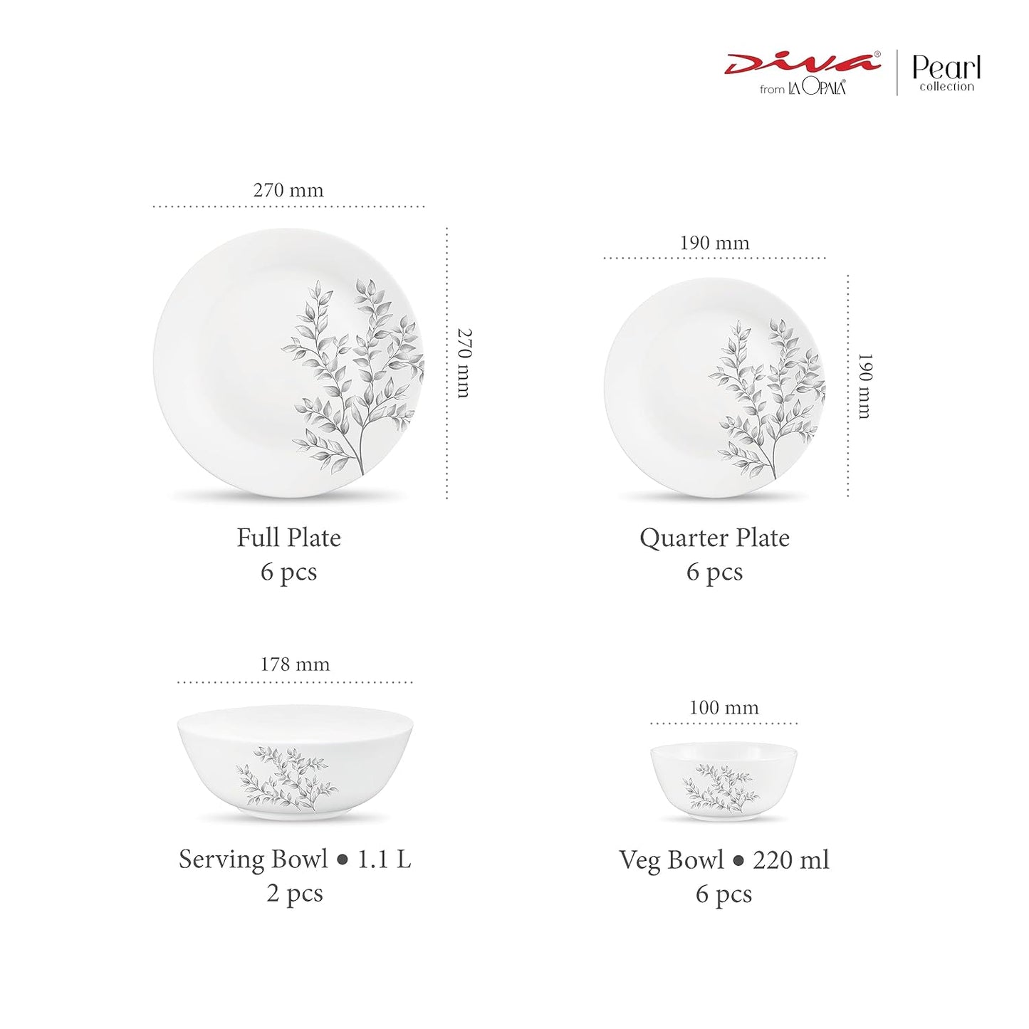 Diva by La Opala, Pearl Collection, Opal Glass Dinner Set 20 pcs, Dusky Vines, White