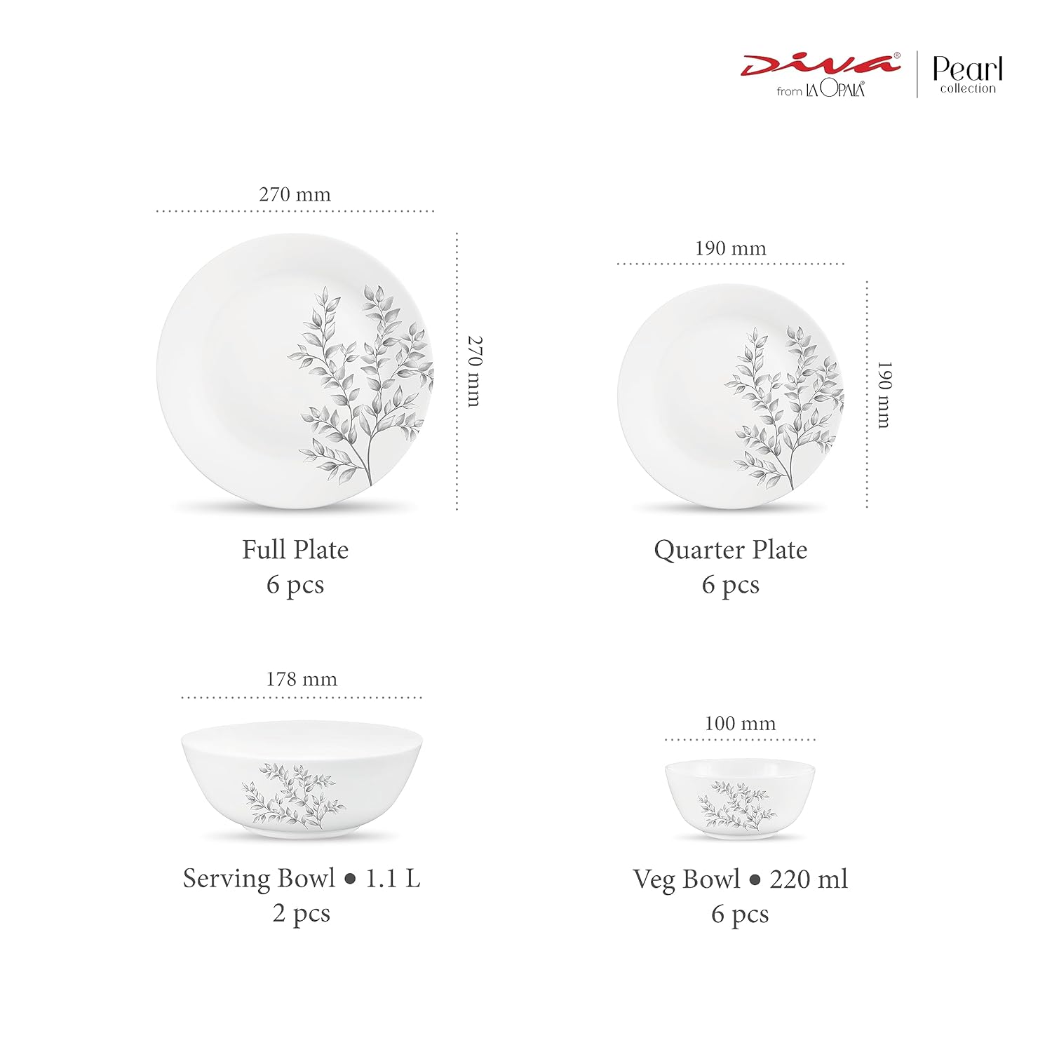 Diva by La Opala, Pearl Collection, Opal Glass Dinner Set 20 pcs, Dusky Vines, White