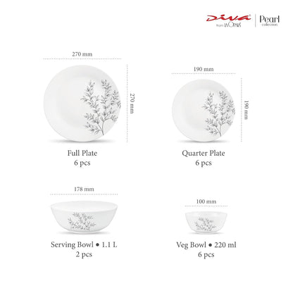 Diva by La Opala, Pearl Collection, Opal Glass Dinner Set 20 pcs, Dusky Vines, White