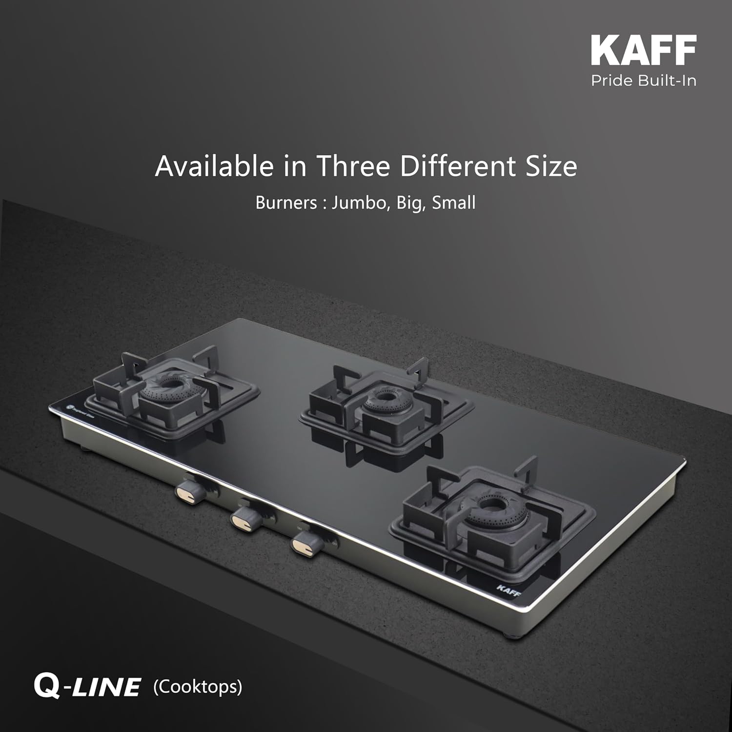 KAFF Gas Stove/Cooktop 3 Burners 77 CM, Black Coated Brass Burners With Auto Electric Ignition, Decorative SS Moulded Strip on All Sides for Edge Protection Black | CTQ773BAI