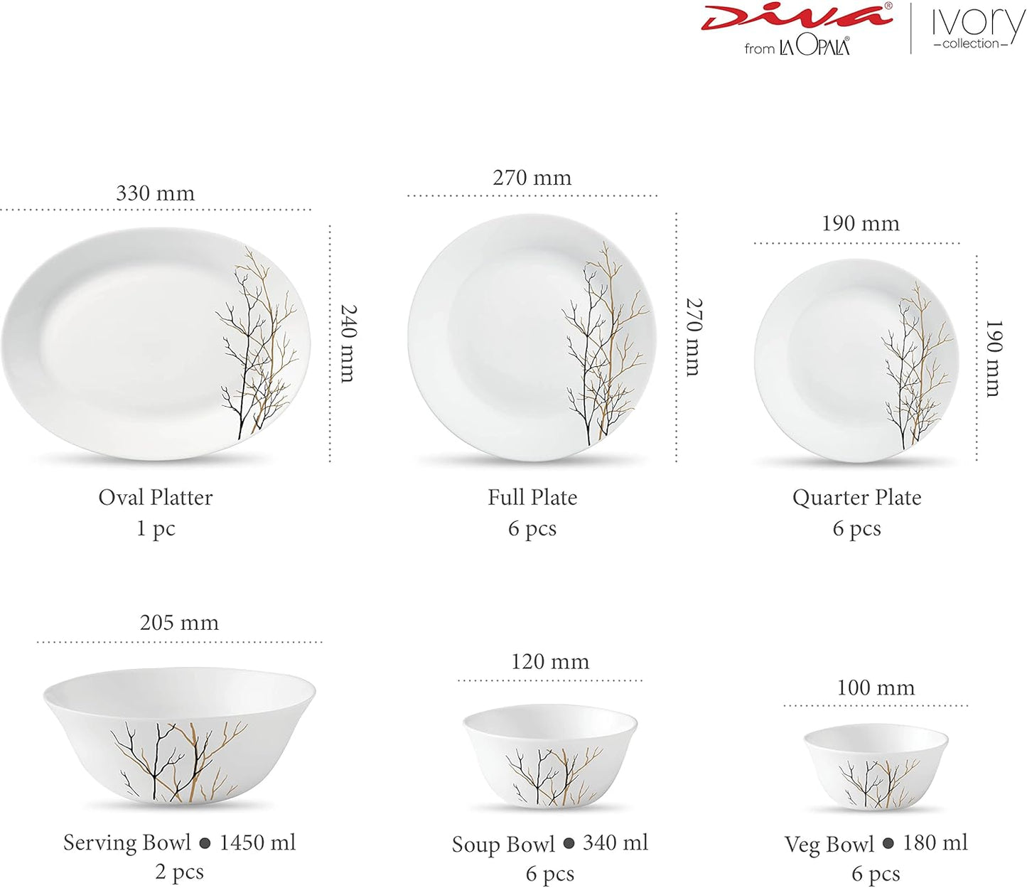 La Opala Diva Ivory Collection Opal Glass Crockery | for Family of 6 | Dinner Set 27 pcs Golden Fall | Plates & Bowls for Dining | Microwave Safe | 100% Vegetarian | Extra Strong | Light & White