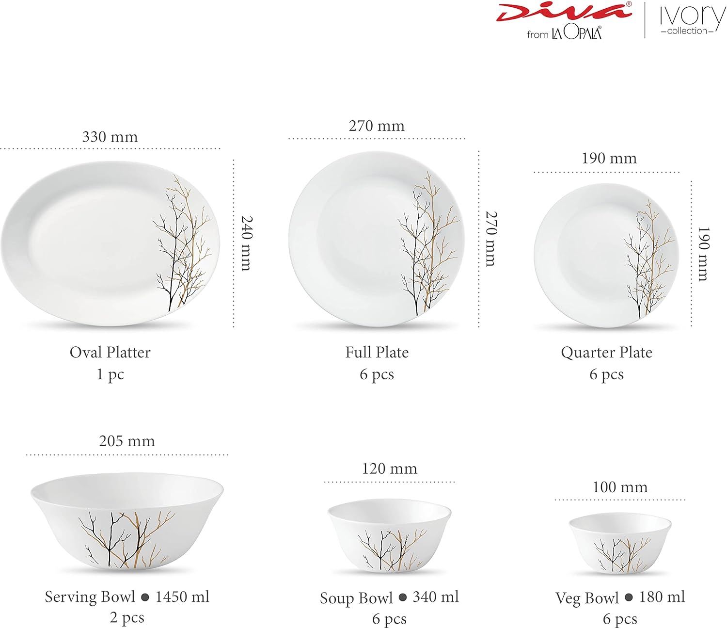 La Opala Diva Ivory Collection Opal Glass Crockery | for Family of 6 | Dinner Set 27 pcs Golden Fall | Plates & Bowls for Dining | Microwave Safe | 100% Vegetarian | Extra Strong | Light & White