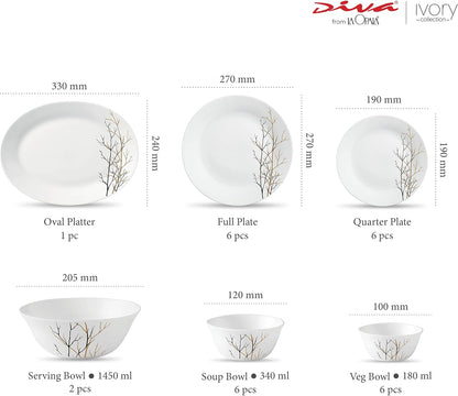 La Opala Diva Ivory Collection Opal Glass Crockery | for Family of 6 | Dinner Set 27 pcs Golden Fall | Plates & Bowls for Dining | Microwave Safe | 100% Vegetarian | Extra Strong | Light & White