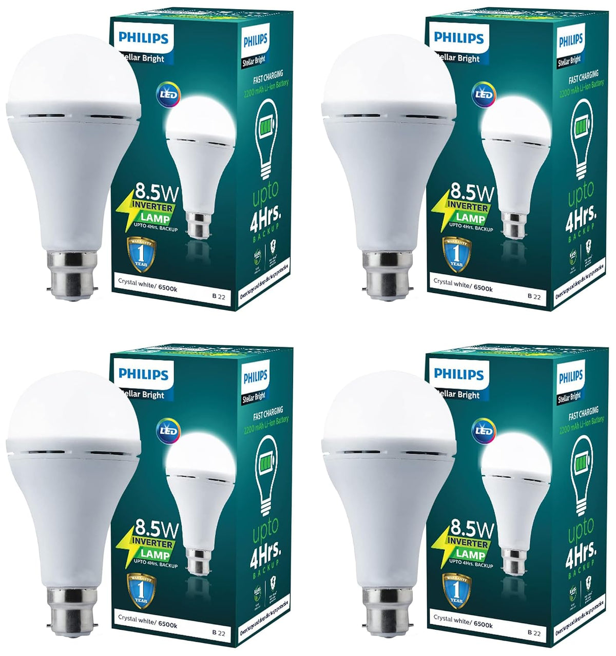 Philips Stellar Bright Rechargeable Emergency Inverter LED Bulb, B22 8.5-Watt-Crystal White(Pack of 4)